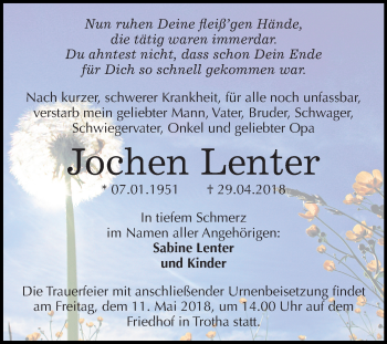 Traueranzeige von Jochen Lenter von Mitteldeutsche Zeitung Halle/Saalkreis