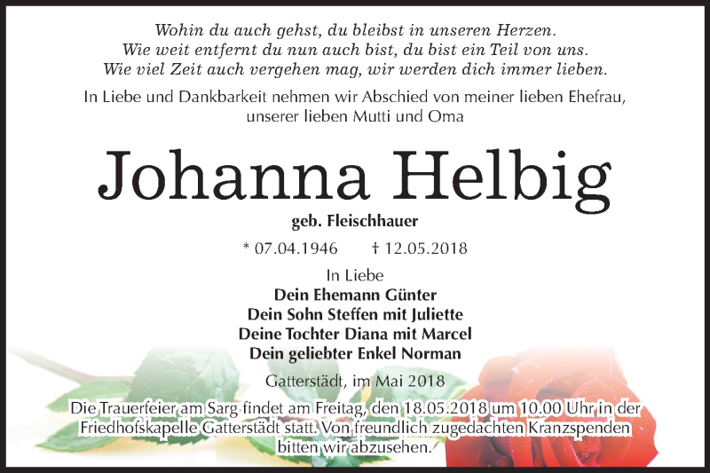  Traueranzeige für Johanna Helbig vom 15.05.2018 aus Mitteldeutsche Zeitung Merseburg/Querfurt