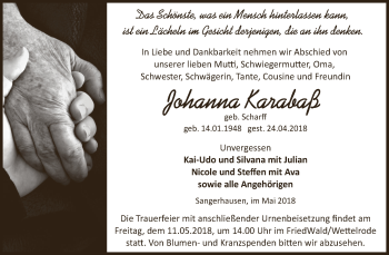 Traueranzeige von Johanna Karabaß von Super Sonntag SGH Mansf. Land