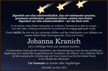 Traueranzeige von Johanna Kranich von WVG - Wochenspiegel Dessau / Köthen