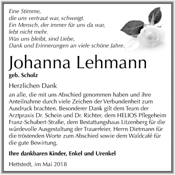 Traueranzeige von Johanna Lehmann von Mitteldeutsche Zeitung