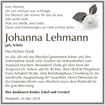 Traueranzeige von Johanna Lehmann von Super Sonntag SGH Mansf. Land