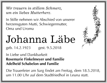 Traueranzeige von Johanna Läbe von WVG - Wochenspiegel Merseburg