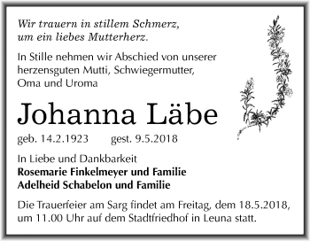 Traueranzeige von Johanna Läbe von Mitteldeutsche Zeitung Merseburg/Querfurt