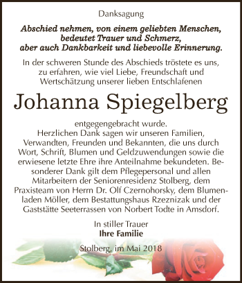 Traueranzeige von Johanna Spiegelberg von Wochenspiegel Mansfelder Land