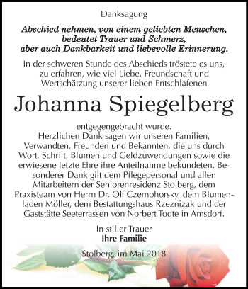 Traueranzeige von Johanna Spiegelberg von Mitteldeutsche Zeitung Sangerhausen