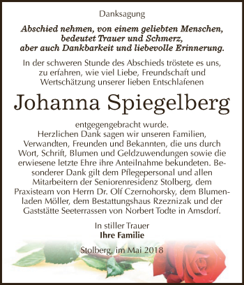 Traueranzeige von Johanna Spiegelberg von WVG - Wochenspiegel SGH