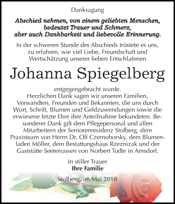 Traueranzeige von Johanna Spiegelberg von Mitteldeutsche Zeitung