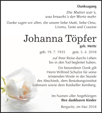 Traueranzeige von Johanna Töpfer von WVG - Wochenspiegel Wittenberg