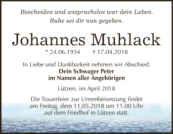 Traueranzeige von Johannes Muhlack von WVG - Wochenspiegel NMB / WSF / ZTZ