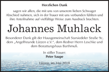 Traueranzeige von Johannes Muhlack von Mitteldeutsche Zeitung Weißenfels