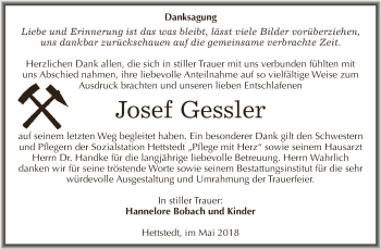Traueranzeige von Josef Gessler von Wochenspiegel Mansfelder Land