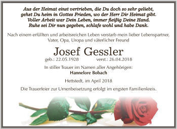 Traueranzeige von Josef Gessler von Super Sonntag SGH Mansf. Land