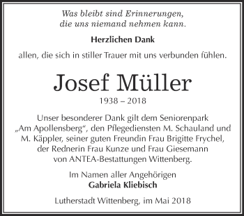 Traueranzeige von Josef Müller von Super Sonntag Wittenberg