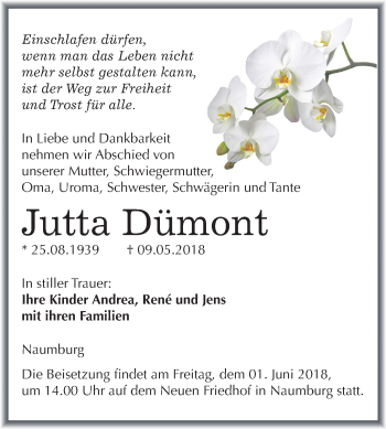Traueranzeige von Jutta Dümont von Mitteldeutsche Zeitung
