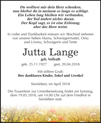 Traueranzeige von Jutta Lange von Mitteldeutsche Zeitung