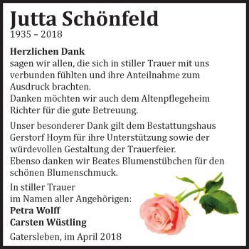 Traueranzeige von Jutta Schönfeld von Mitteldeutsche Zeitung Aschersleben