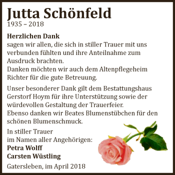 Traueranzeige von Jutta Schönfeld von Super Sonntag Aschersleben