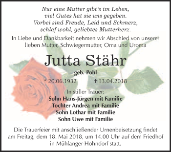 Traueranzeige von Jutta Stähr von WVG - Wochenspiegel Wittenberg