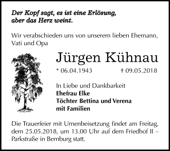 Traueranzeige von Jürgen Kühnau von Mitteldeutsche Zeitung Bernburg