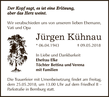 Traueranzeige von Jürgen Kühnau von Super Sonntag Bernburg