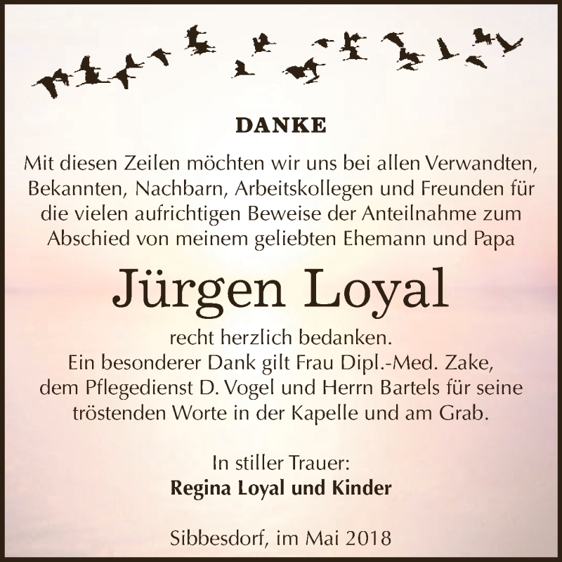  Traueranzeige für Jürgen Loyal vom 26.05.2018 aus WVG - Wochenspiegel Dessau / Köthen