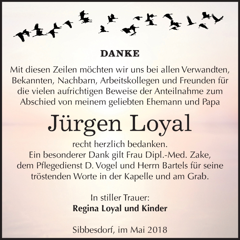  Traueranzeige für Jürgen Loyal vom 26.05.2018 aus Mitteldeutsche Zeitung Köthen