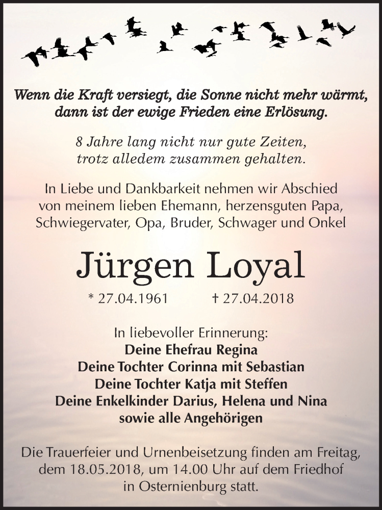  Traueranzeige für Jürgen Loyal vom 05.05.2018 aus Mitteldeutsche Zeitung Köthen