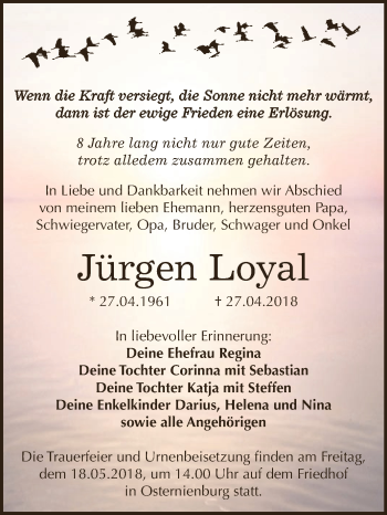 Traueranzeige von Jürgen Loyal von WVG - Wochenspiegel Dessau / Köthen