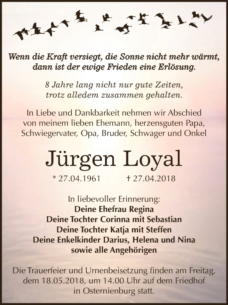  Traueranzeige für Jürgen Loyal vom 05.05.2018 aus WVG - Wochenspiegel Dessau / Köthen
