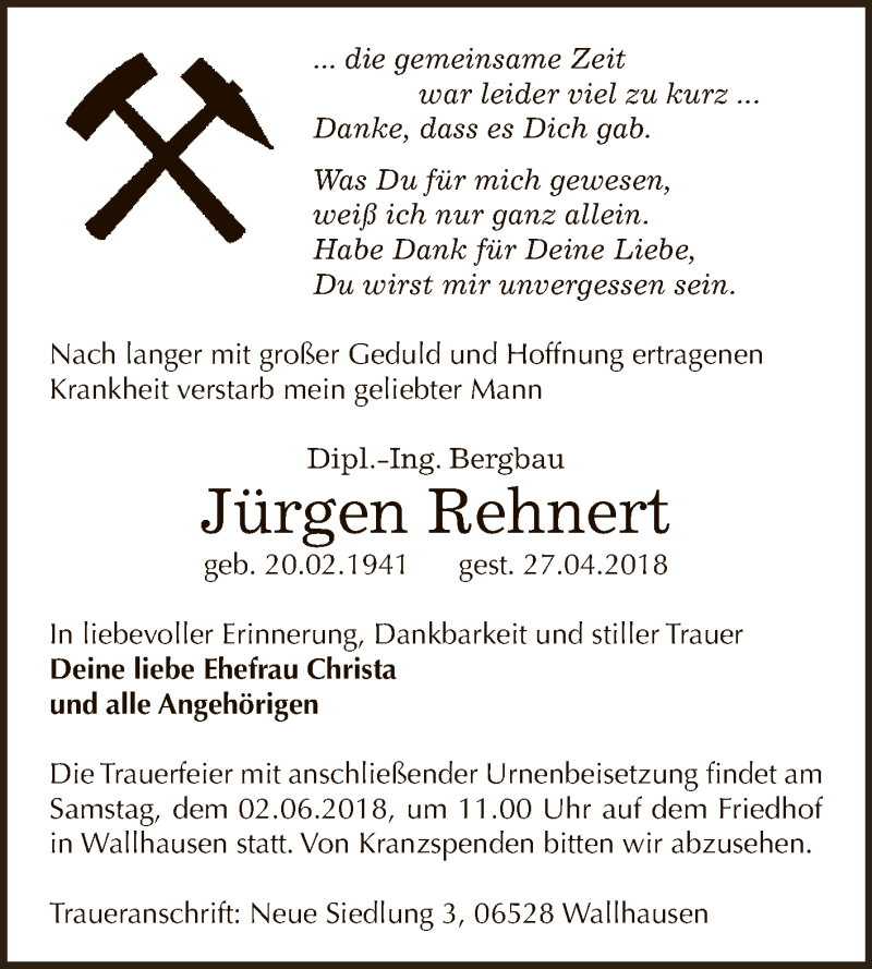  Traueranzeige für Jürgen Rehnert vom 19.05.2018 aus Super Sonntag SGH Mansf. Land