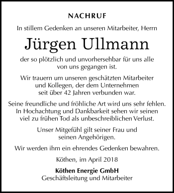 Traueranzeige von Jürgen Ullmann von Mitteldeutsche Zeitung Köthen