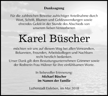 Traueranzeige von Karel Büscher von Mitteldeutsche Zeitung