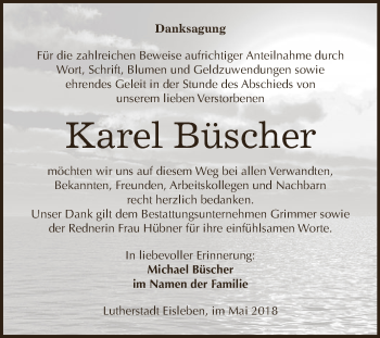 Traueranzeige von Karel Büscher von Super Sonntag SGH Mansf. Land