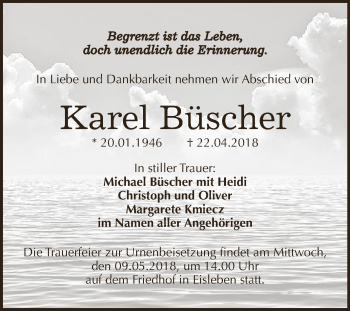Traueranzeige von Karel Büscher von Wochenspiegel Mansfelder Land