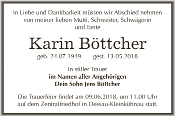 Traueranzeige von Karin Böttcher von WVG - Wochenspiegel Dessau / Köthen