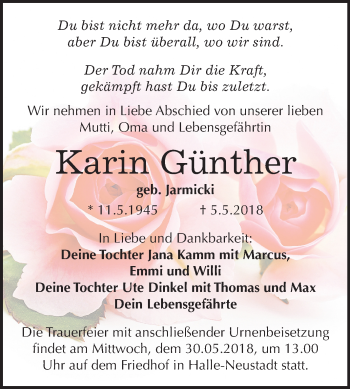 Traueranzeige von Karin Günther von Mitteldeutsche Zeitung Halle/Saalkreis