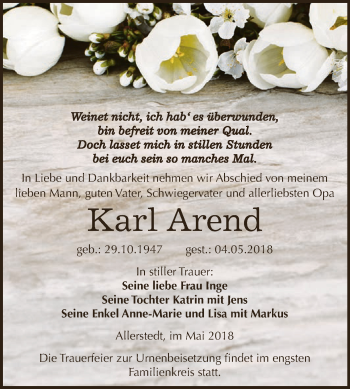 Traueranzeige von Karl Arend von WVG - Wochenspiegel NMB / WSF / ZTZ