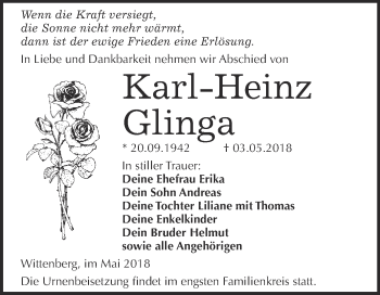 Traueranzeige von Karl-Heinz Glinga von WVG - Wochenspiegel Wittenberg