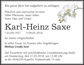Traueranzeige von Karl-Heinz Saxe von Mitteldeutsche Zeitung Halle/Saalkreis