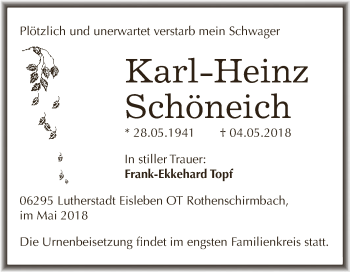 Traueranzeige von Karl-Heinz Schöneich von Wochenspiegel Mansfelder Land