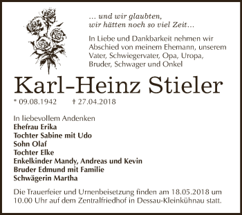 Traueranzeige von Karl-Heinz Stieler von WVG - Wochenspiegel Dessau / Köthen