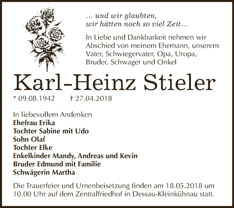  Traueranzeige für Karl-Heinz Stieler vom 12.05.2018 aus WVG - Wochenspiegel Dessau / Köthen