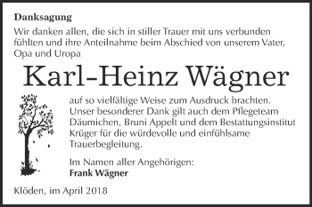 Traueranzeige von Karl-Heinz Wägner von WVG - Wochenspiegel Wittenberg