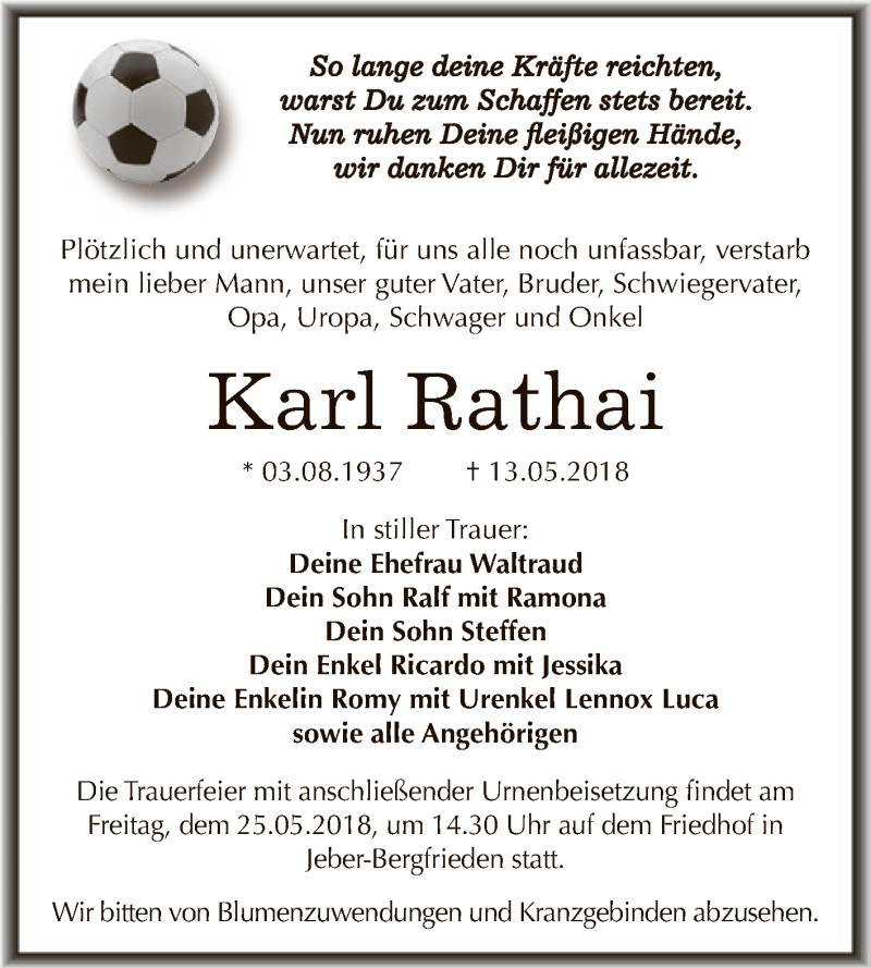  Traueranzeige für Karl Rathai vom 19.05.2018 aus Super Sonntag Dessau / Köthen