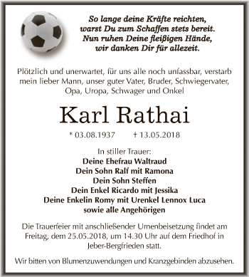 Traueranzeige von Karl Rathai von Super Sonntag Dessau / Köthen