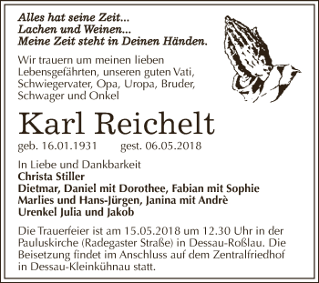 Traueranzeige von Karl Reichelt von WVG - Wochenspiegel Dessau / Köthen