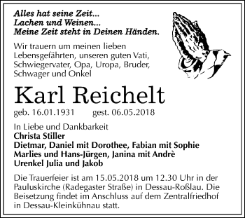 Traueranzeige von Karl Reichelt von Mitteldeutsche Zeitung