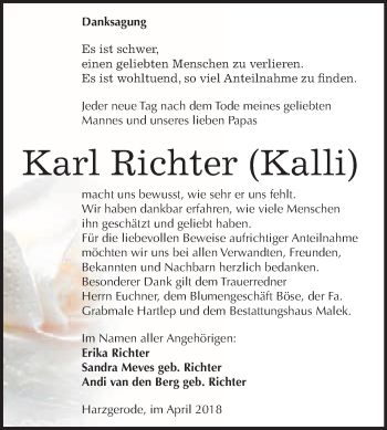 Traueranzeige von Karl Richter von WVG - Wochenspiegel Quedlinburg