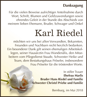 Traueranzeige von Karl Riedel von Super Sonntag Bernburg